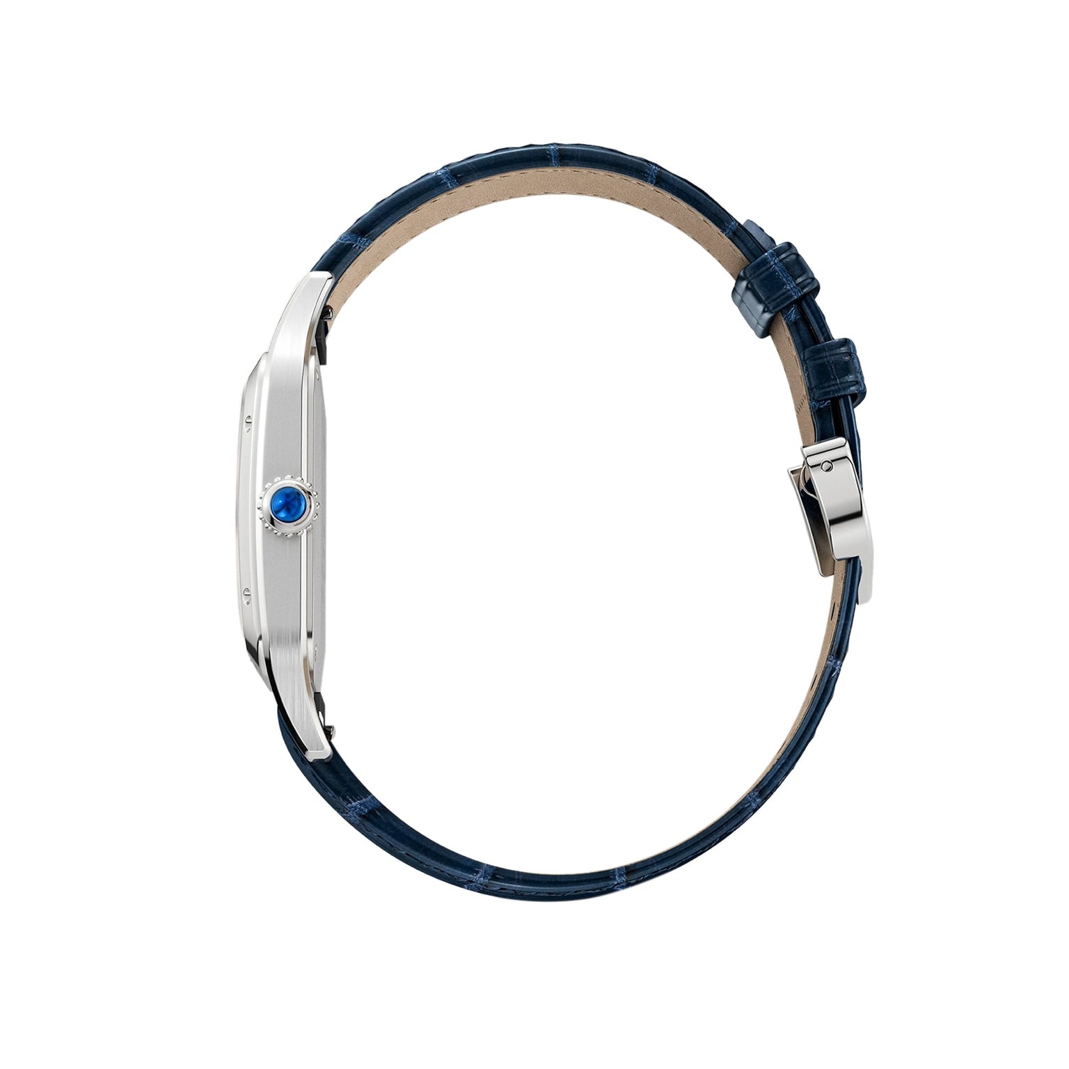 A side view of the Cartier Santos-Dumont watch displays its blue leather strap, silver case, and distinctive blue crown.