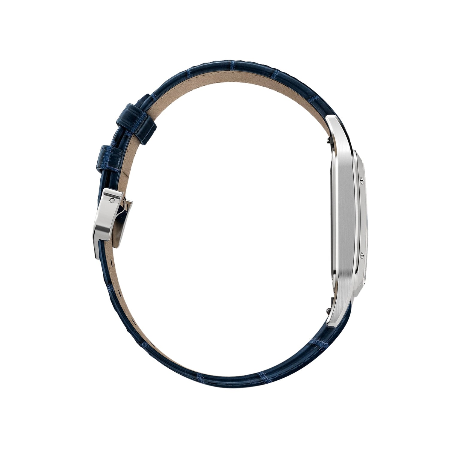 Side view of the Cartier Santos-Dumont watch featuring a blue leather strap and silver rectangular case, displayed against a white background.