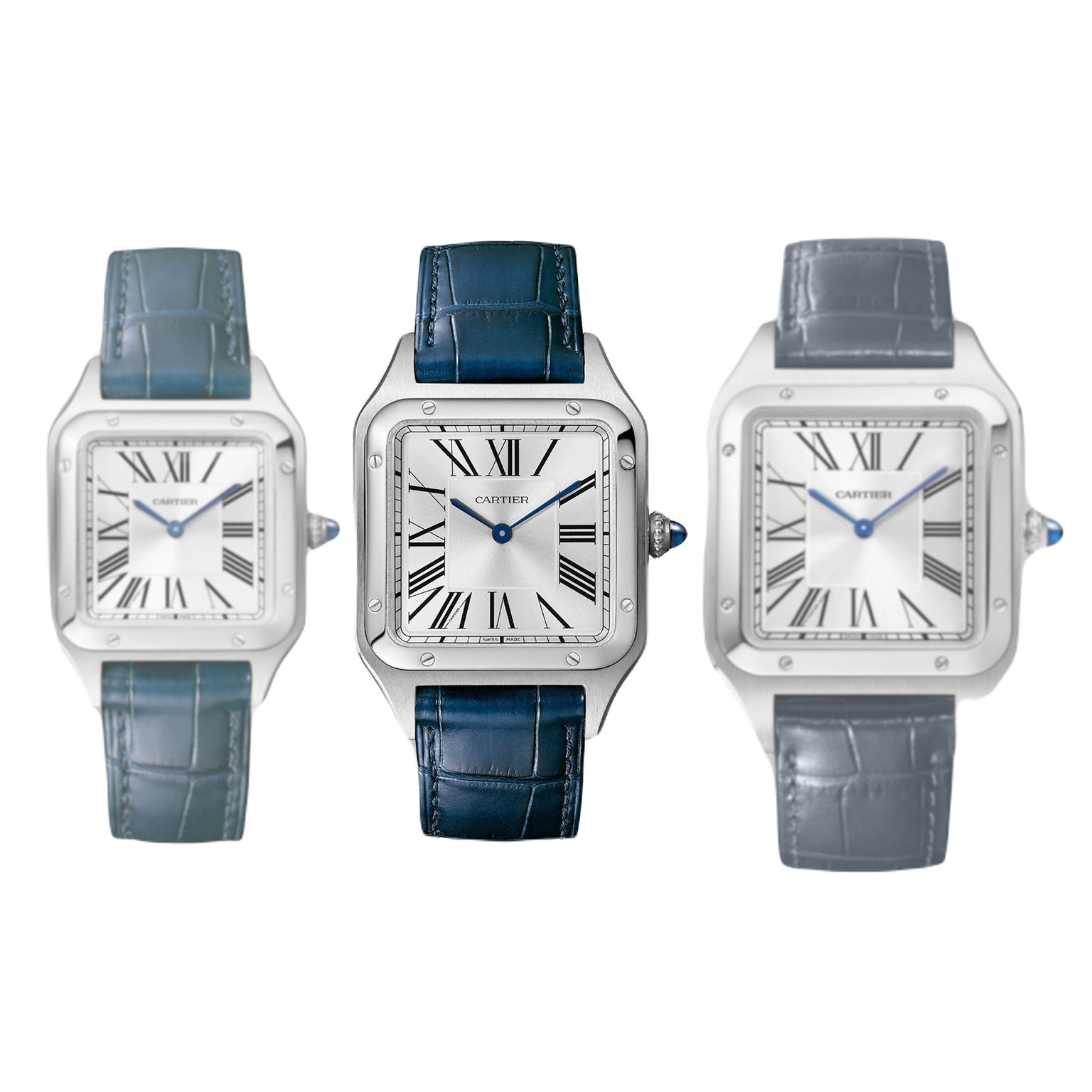 Three Cartier Santos-Dumont watches, each with a silver square face, Roman numerals, and a unique leather strap color: light blue, dark blue, or grey.