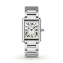 The Cartier Tank Must de Cartier wristwatch features a rectangular face, Roman numerals, and a steel case with quartz movement, displayed on a white background.