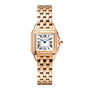 The Cartier Panthère de Cartier Small Model features a rose gold case, square white dial with black Roman numerals, blue hands, linked gold bracelet, and a blue sapphire crown, shown against a white background.