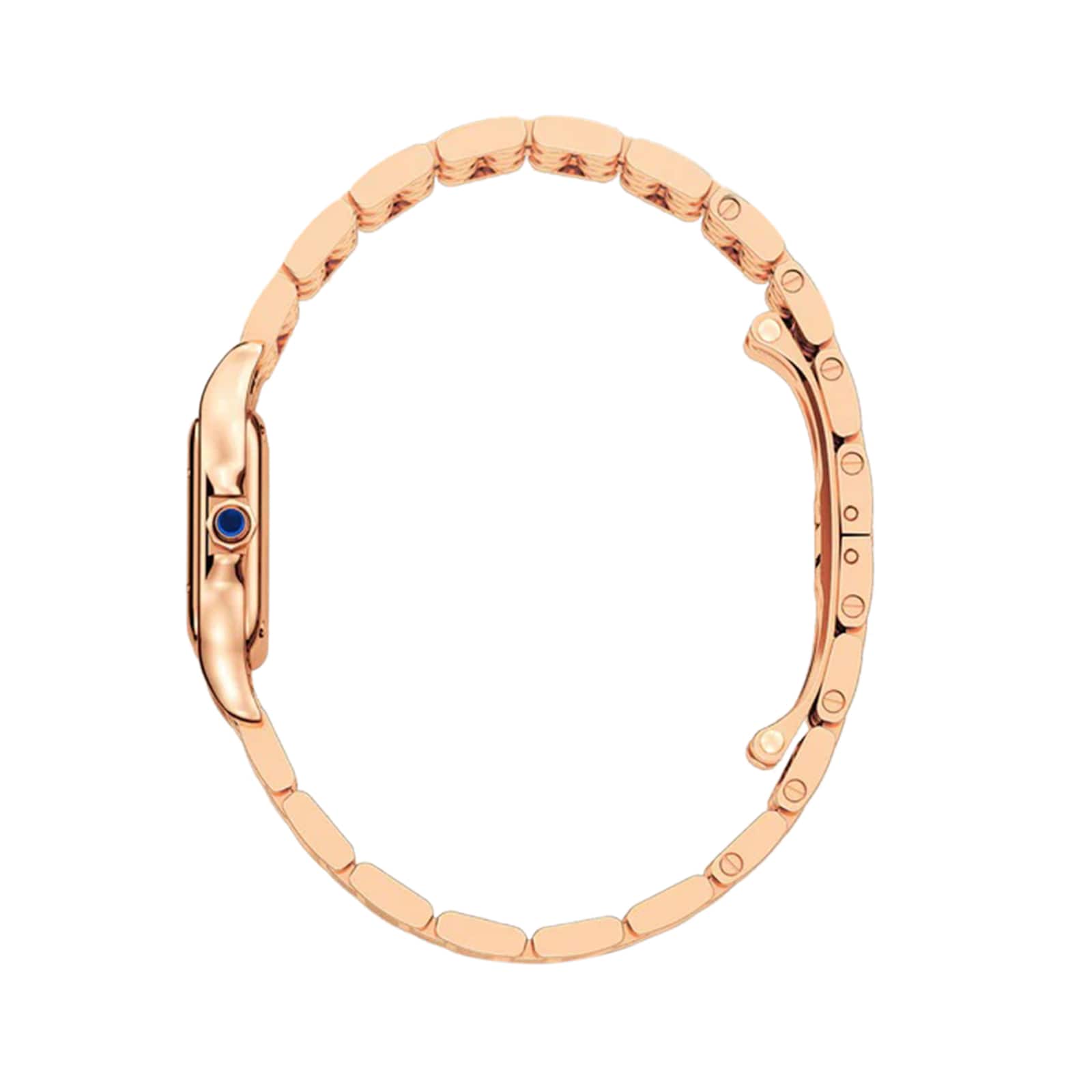 The Cartier Panthère de Cartier Small Model watch in rose gold is displayed from the side, showcasing its linked bracelet, clasp, and a vibrant blue sapphire set on the crown.