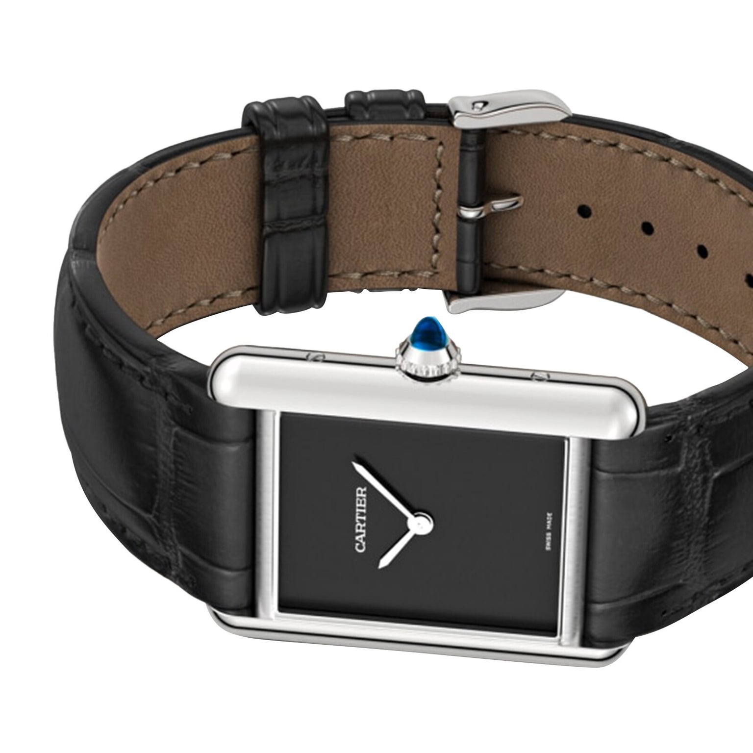 The Tank Must de Cartier by Cartier features a black alligator-skin strap, a rectangular silver case, a black dial with silver hands, and the signature blue cabochon crown.