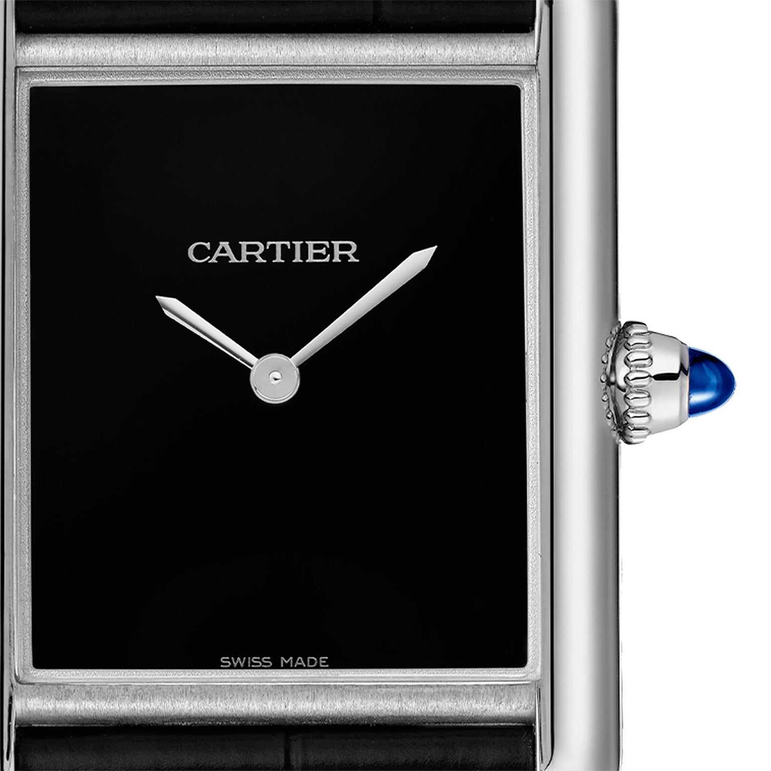 Close-up of a Cartier Tank Must de Cartier watch featuring a black dial, silver hands, blue cabochon crown, and CARTIER and SWISS MADE on the face. Paired with an elegant black alligator-skin strap for timeless style.
