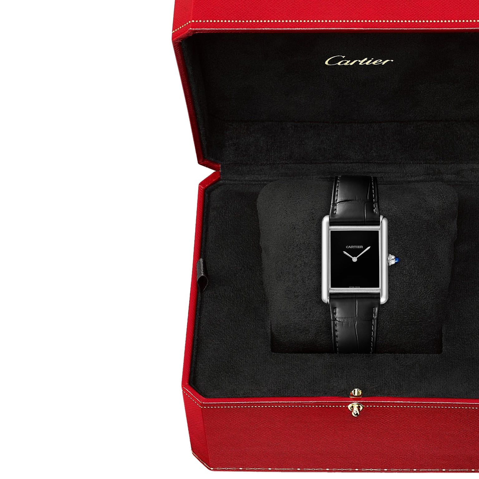 The Cartier Tank Must de Cartier watch, featuring a black rectangular face and black alligator-skin strap, is presented in a red Cartier box and operates with precise quartz movement.
