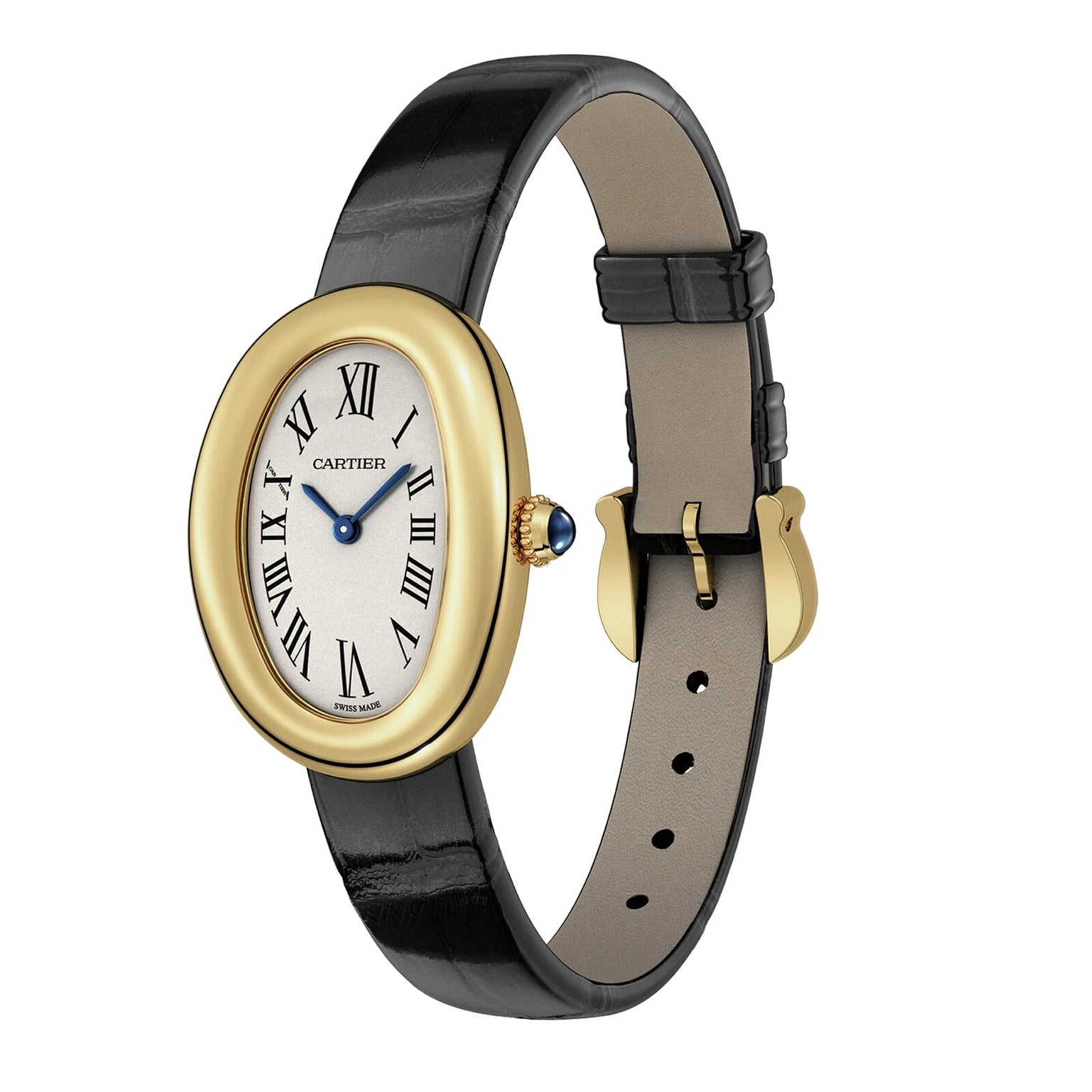The Cartier Baignoire (Size 15) wristwatch features a gold case, white oval face with Roman numerals, black leather strap, blue cabochon crown, and gold buckle—embodying timeless elegance against a white background.