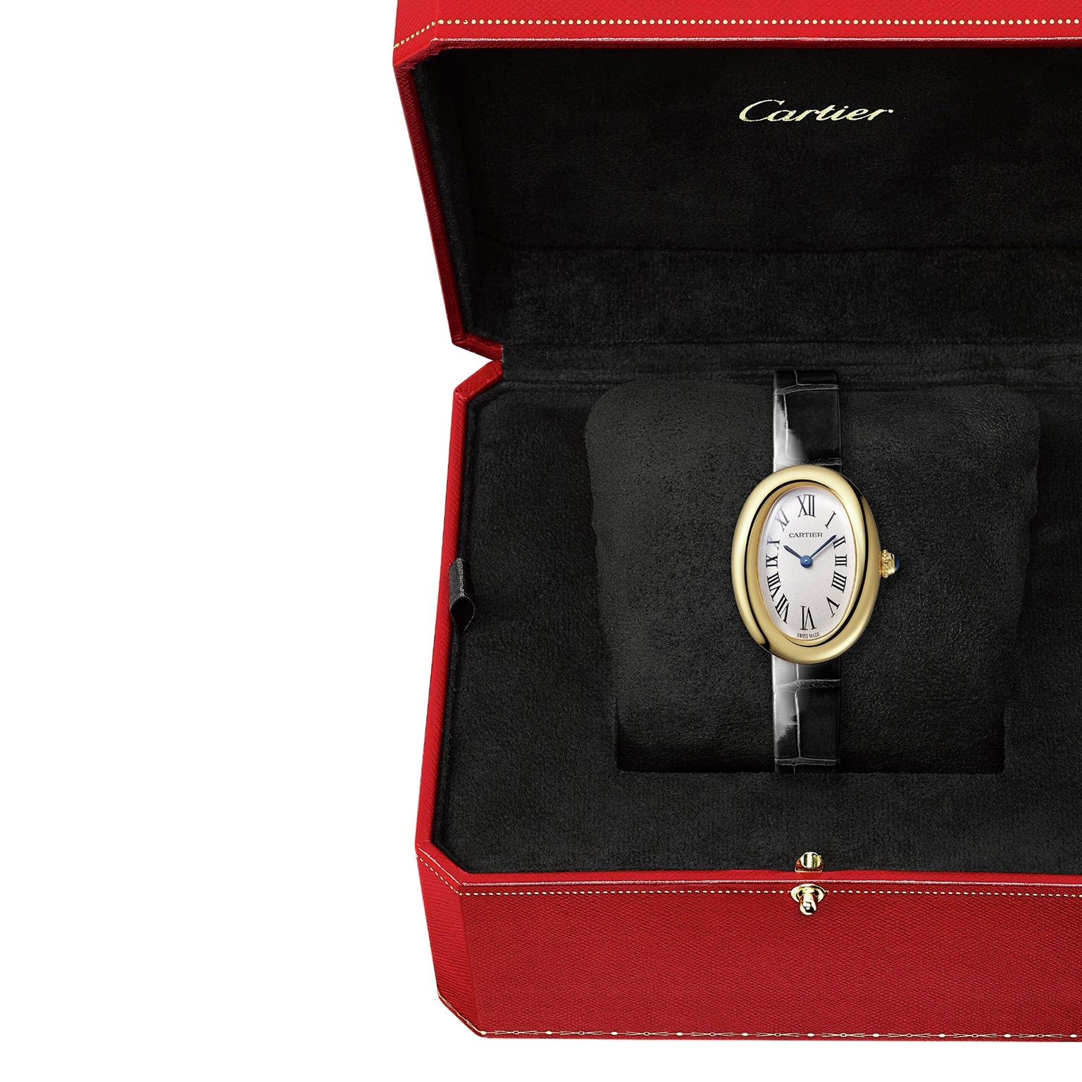 A Cartier Baignoire (Size 15) wristwatch rests on a cushion inside a red and black Cartier box, featuring a gold oval case and black leather strap for timeless elegance.