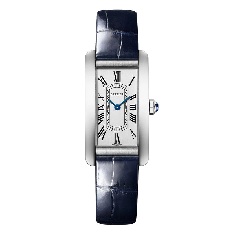 The Cartier Tank Américaine wristwatch showcases a white dial with Roman numerals, blue hands, and a dark blue leather strap—an icon of timeless elegance.