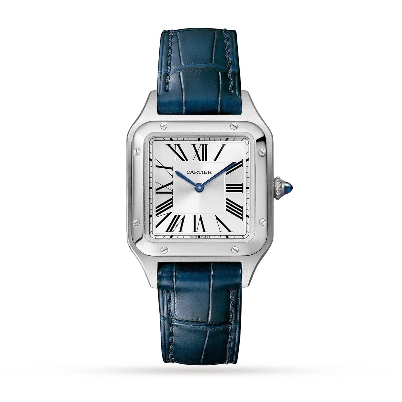 A Cartier Santos-Dumont watch with a square face, white dial, black Roman numerals, blue hands, and a blue leather strap is displayed on a white background.