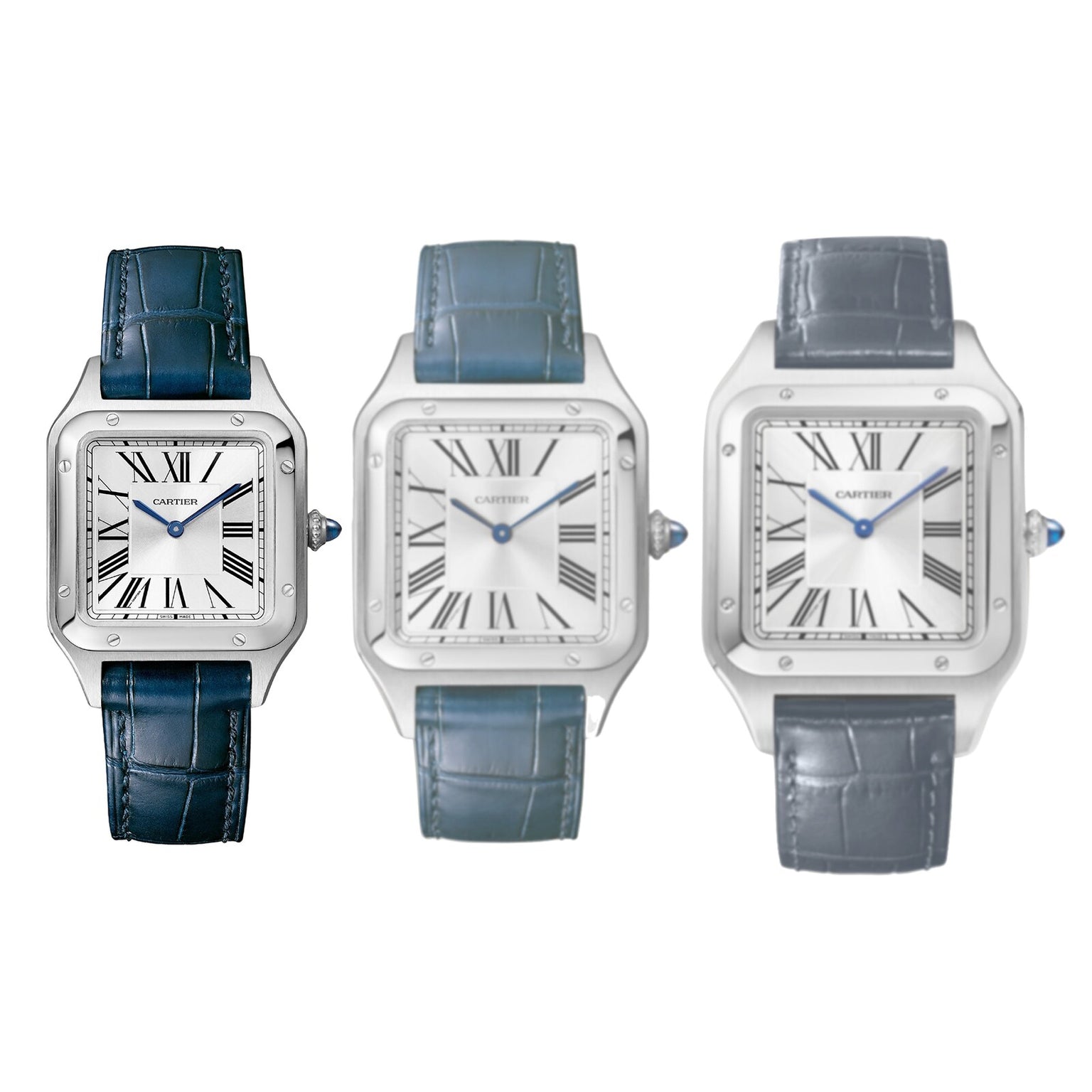 Three Cartier Santos-Dumont watches with silver square dials and blue leather straps are displayed side by side against a white background.