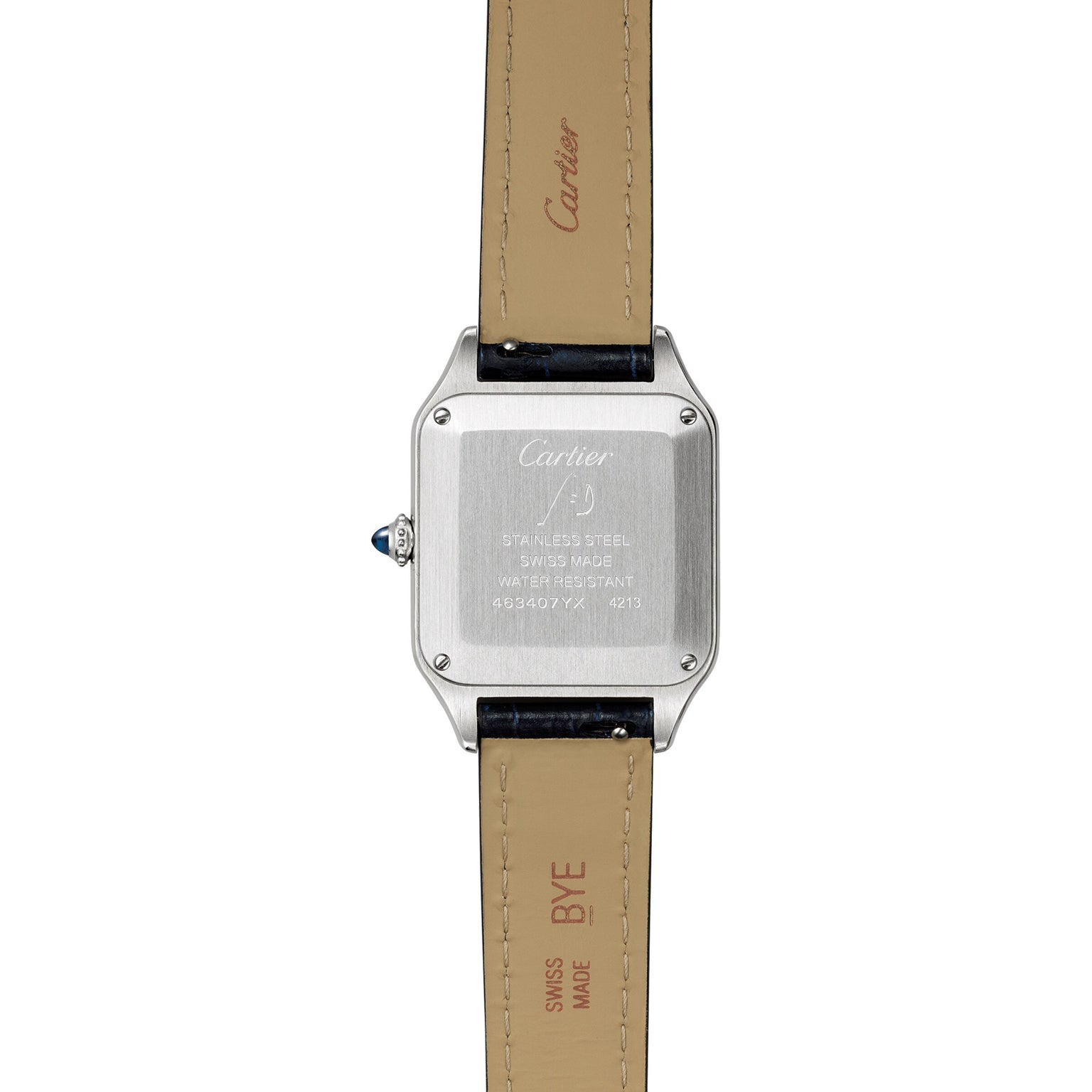 Back view of the Cartier Santos-Dumont, featuring a stainless steel case, tan leather strap, and engraved Swiss made markings, water resistance details, and serial number.