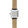Back view of the Cartier Santos-Dumont, featuring a stainless steel case, tan leather strap, and engraved Swiss made markings, water resistance details, and serial number.