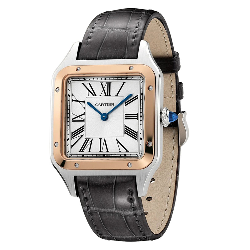 The Cartier Santos-Dumont wristwatch features a square face, Roman numerals, a leather strap, and a gold bezel.