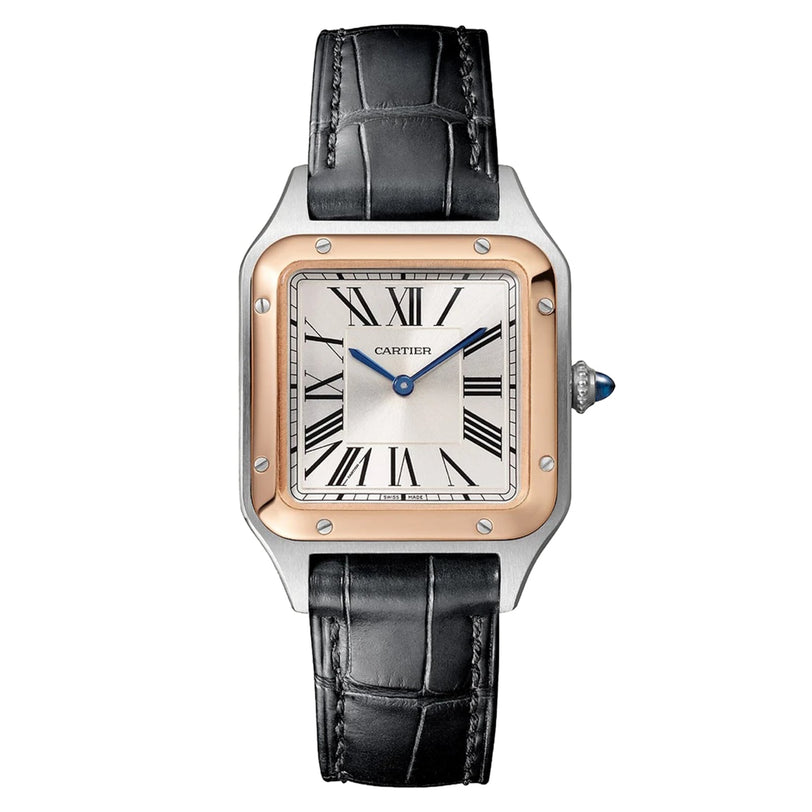 The Cartier Santos-Dumont wristwatch features a square face, Roman numerals, and a black leather strap.