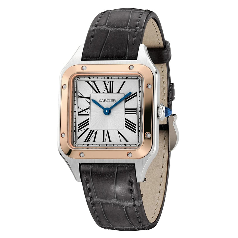 Cartier Santos-Dumont watch featuring a square face, Roman numerals, and a black leather strap.