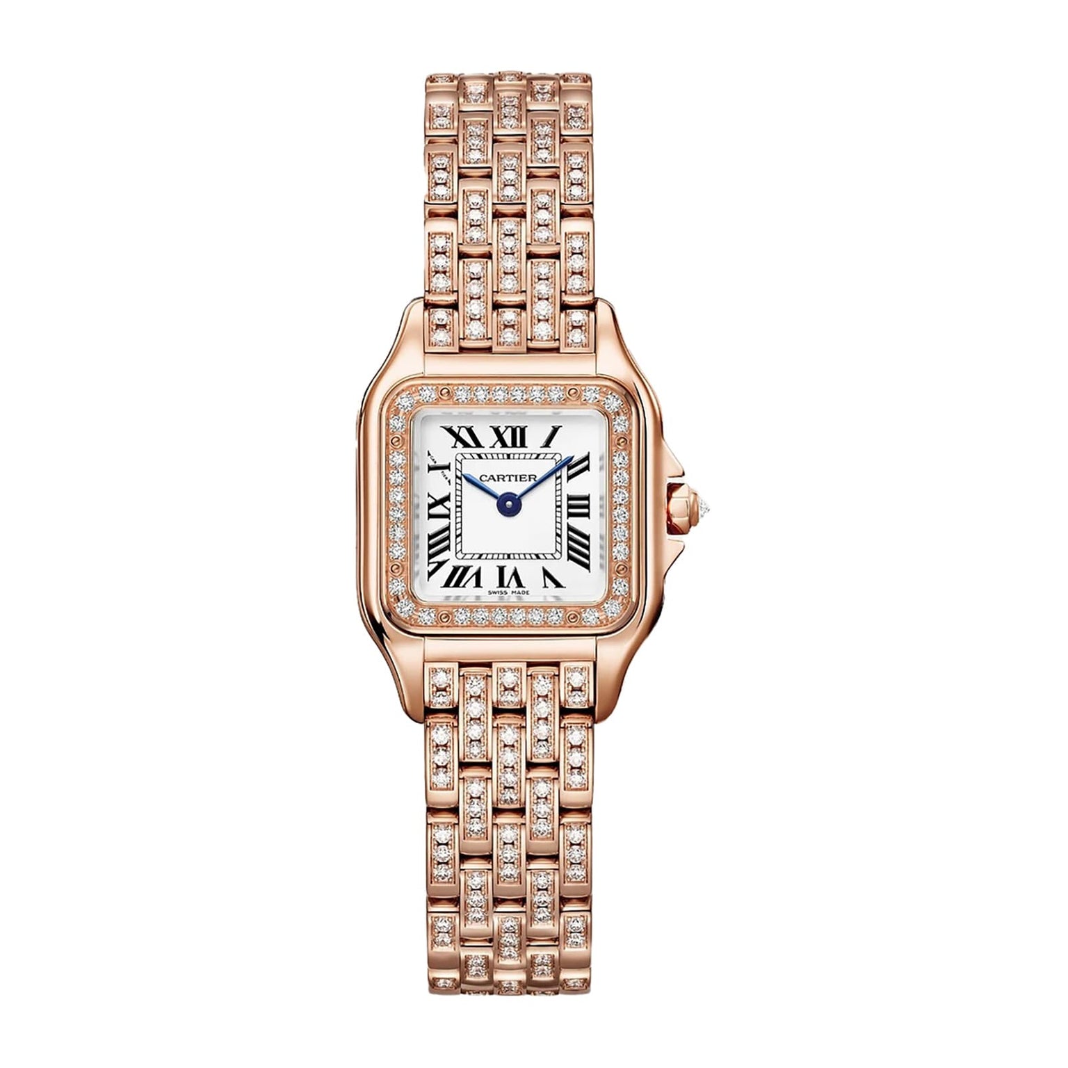 The Panthère De Cartier Watch by Cartier features a square face with Roman numerals, blue hands, and an 18K rose gold bracelet-style band—all embellished with sparkling diamonds.