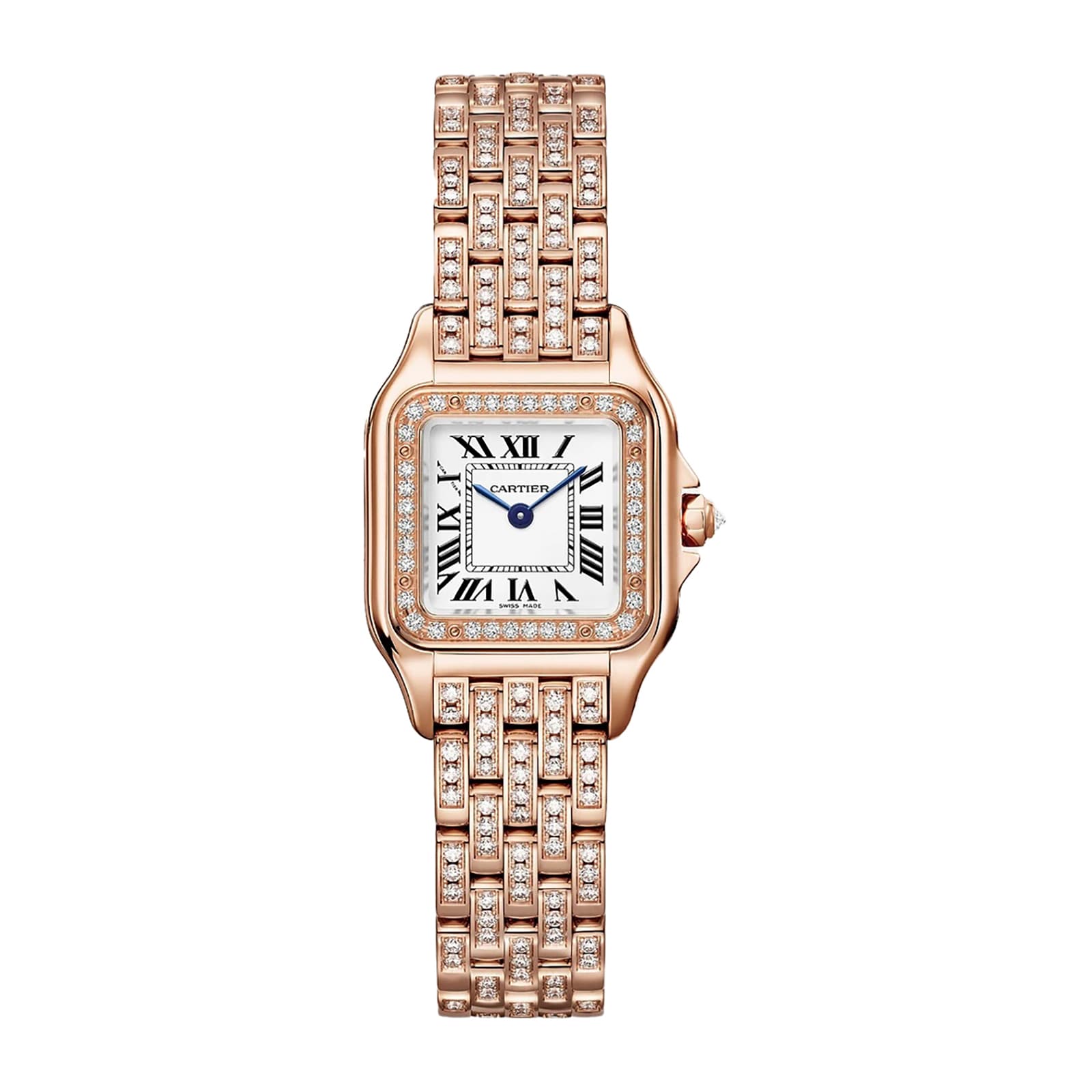 The Panthère De Cartier Watch by Cartier features a square face with Roman numerals, blue hands, and an 18K rose gold bracelet-style band—all embellished with sparkling diamonds.