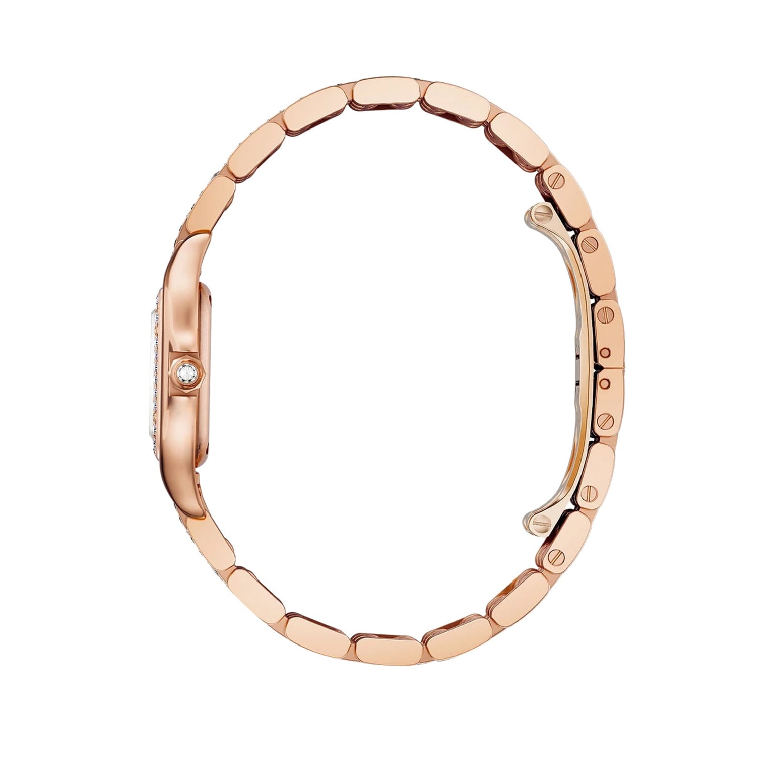 Side view of the Panthère De Cartier Watch by Cartier, featuring a gold slim band and a small diamond set on the crown.