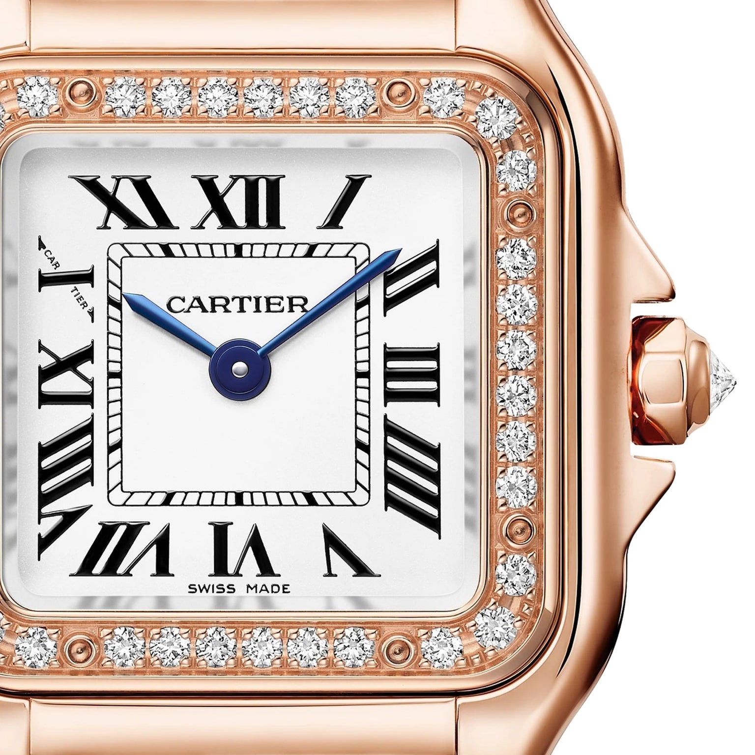 Close-up of a Panthère De Cartier Watch featuring a diamond bezel, Roman numerals, and blue hands in a gold case by Cartier.