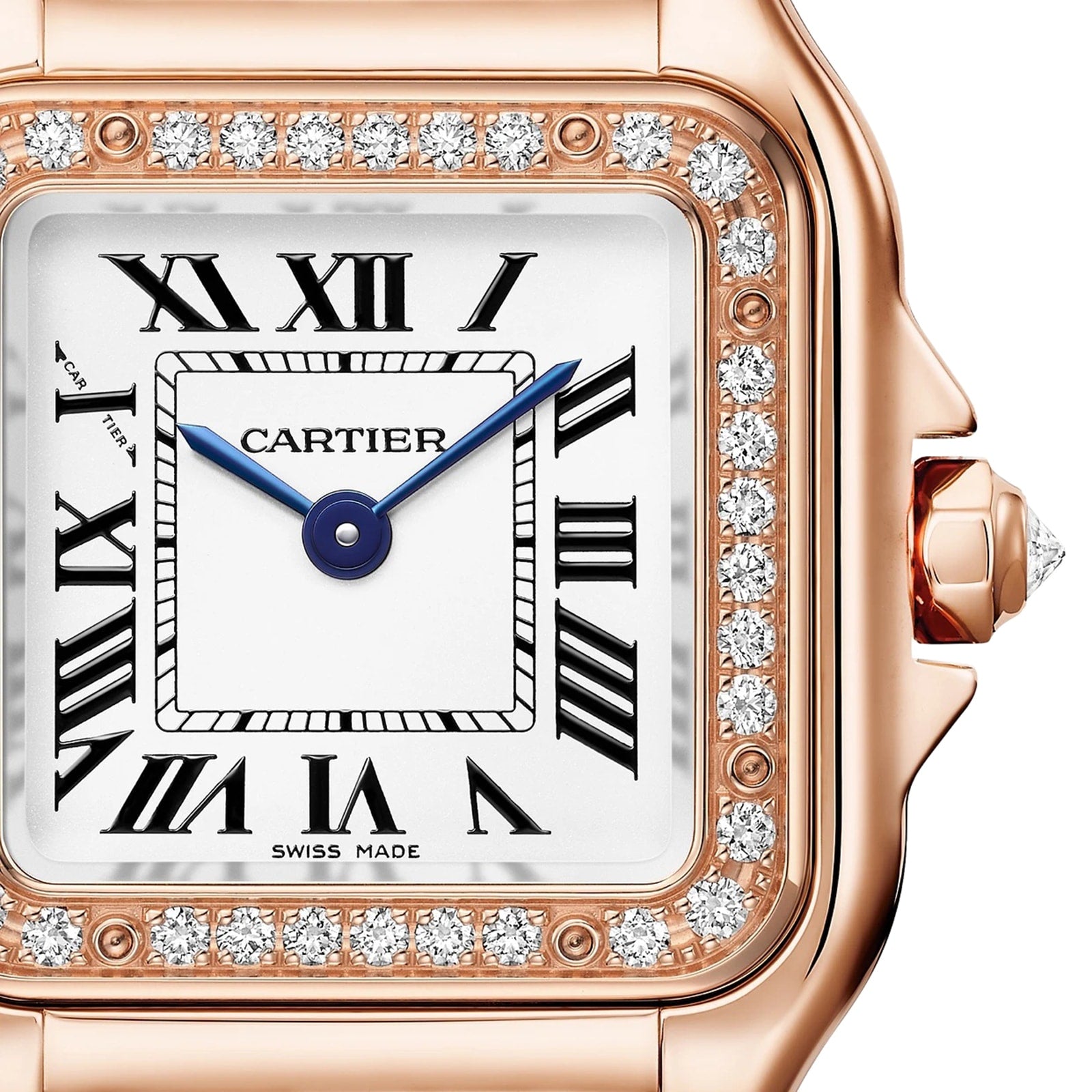 Close-up of a Panthère De Cartier Watch featuring a diamond bezel, Roman numerals, and blue hands in a gold case by Cartier.