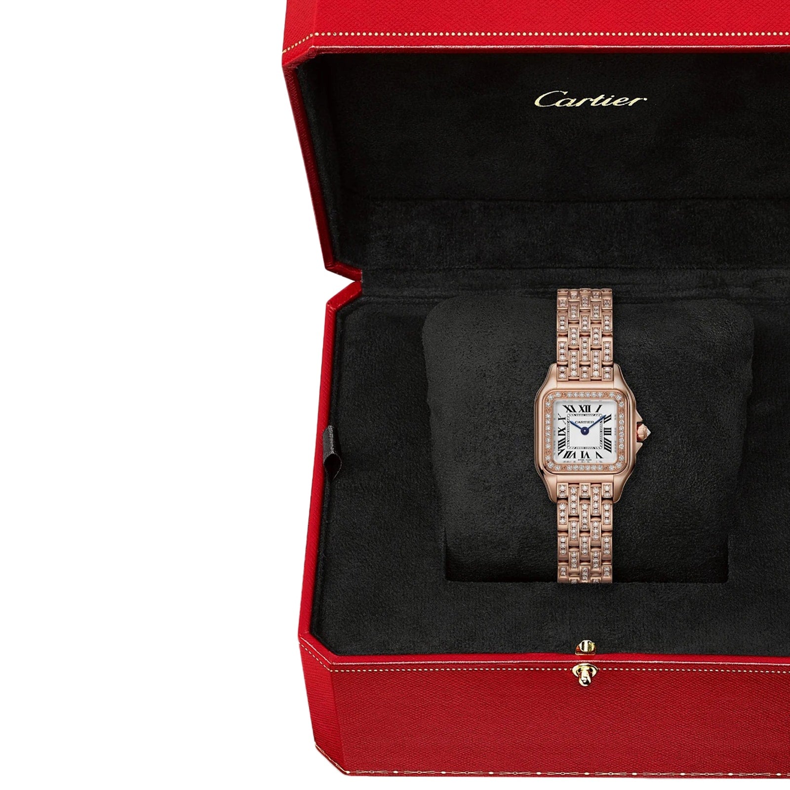 The Panthère De Cartier Watch by Cartier, featuring a rectangular face and metal band in 18K rose gold, is showcased on a black cushion within its signature red box.
