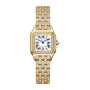 The Panthère De Cartier Watch by Cartier features 18K yellow gold, a square face, Roman numerals, blue hands, and a diamond-encrusted bezel and bracelet for a luxurious finish.