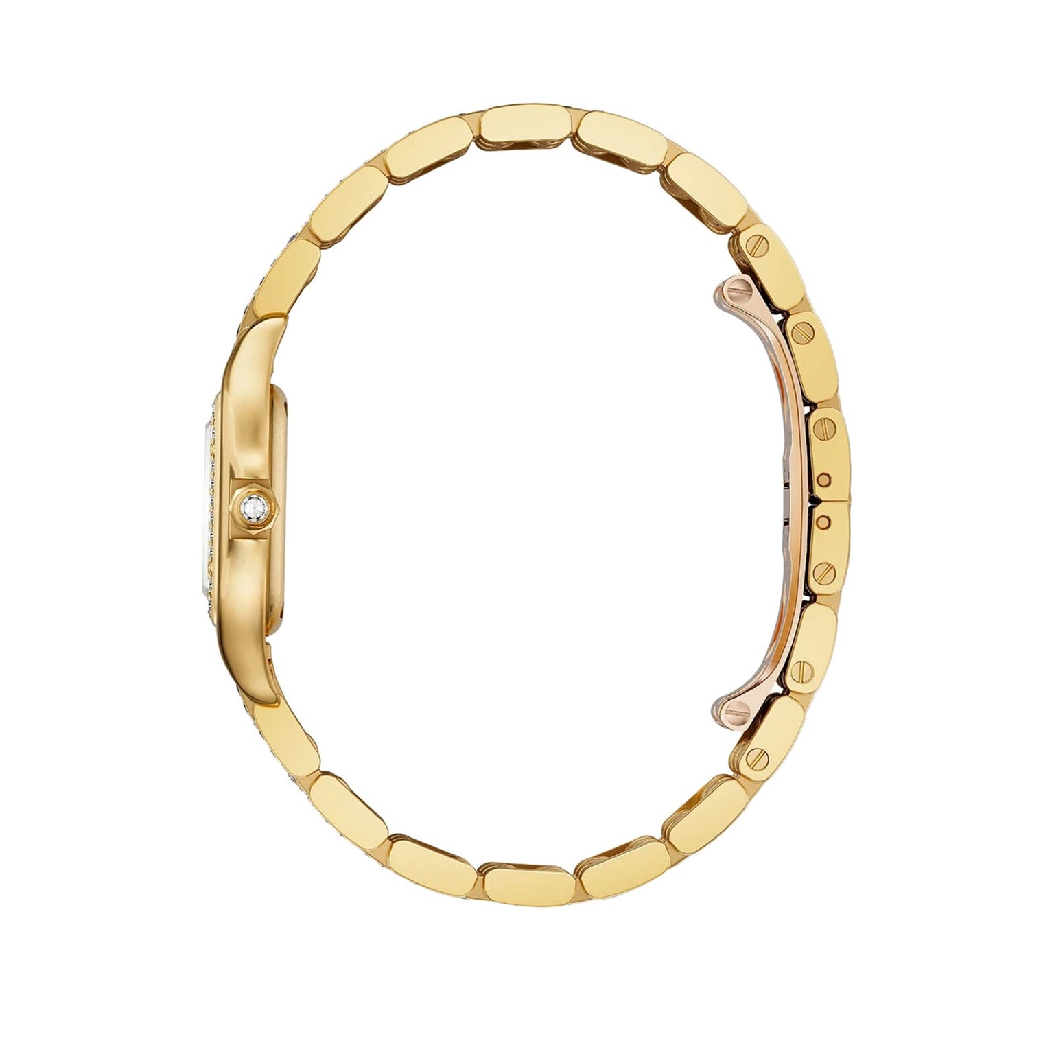 Side view of the Cartier Panthère De Cartier Watch in 18K yellow gold, showcasing a linked bracelet and a decorative crown set with a small gemstone.