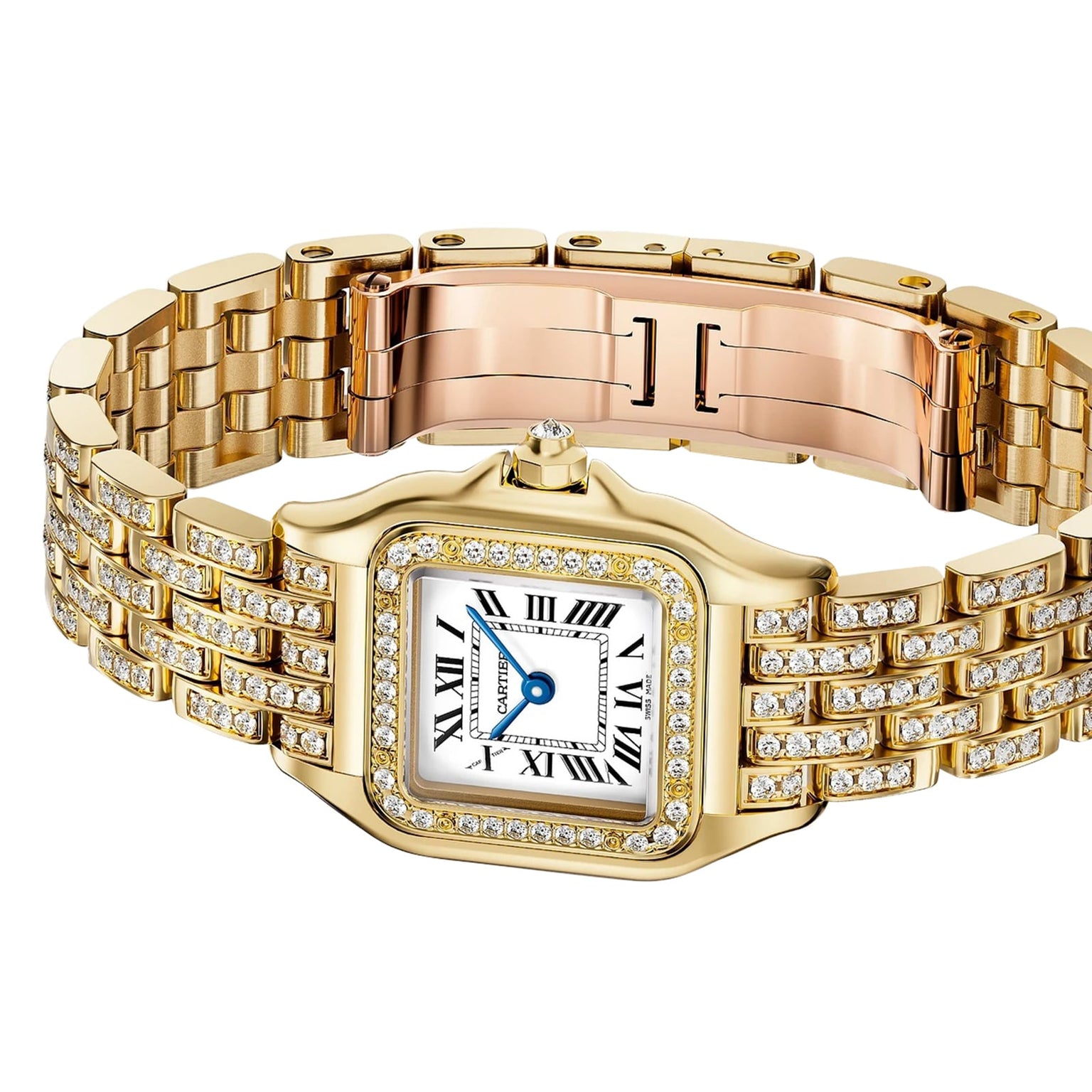 The Panthère De Cartier Watch by Cartier features a square, diamond-encrusted 18K yellow gold bezel, white dial with Roman numerals and blue hands, and a gold metal link bracelet.