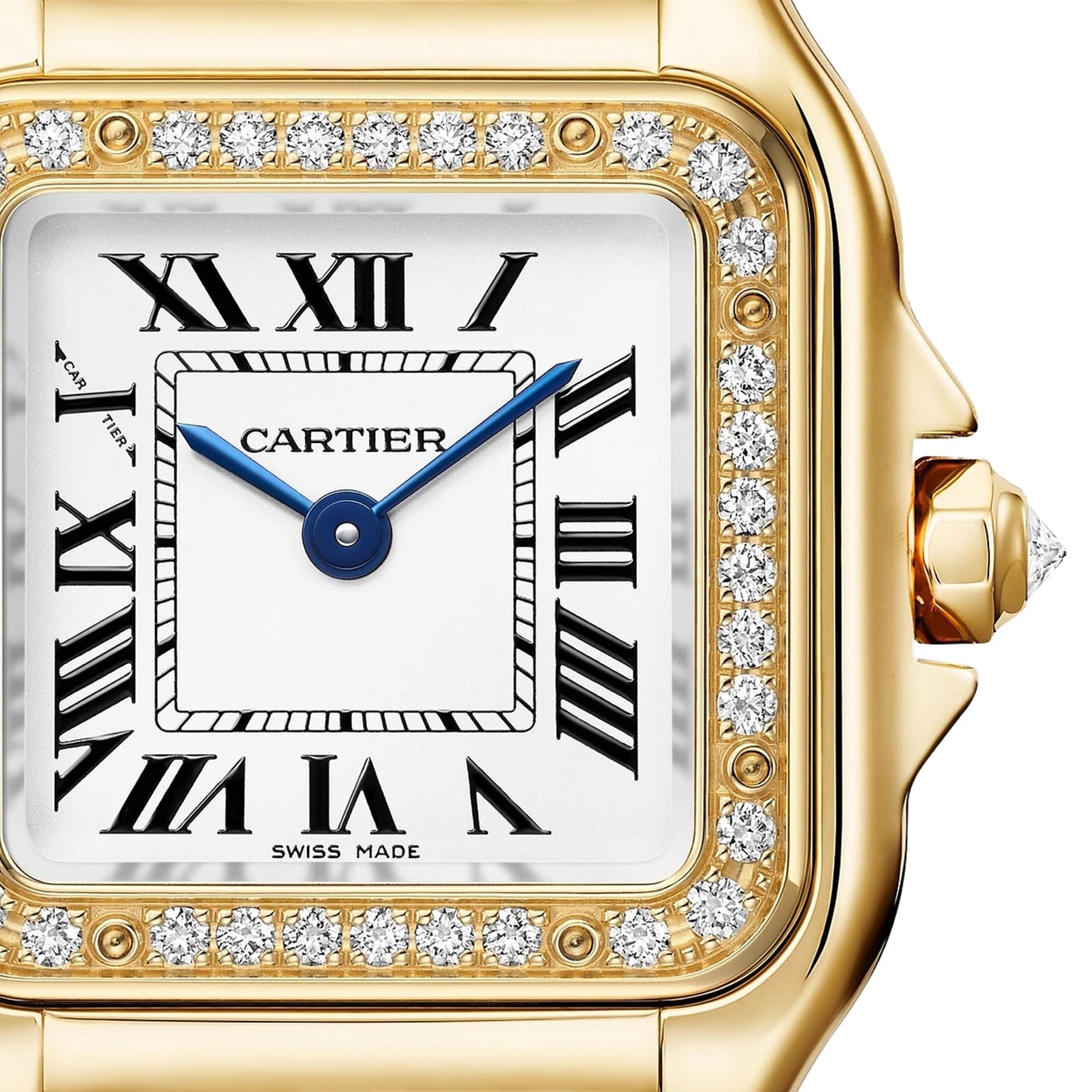 Close-up of the Cartier Panthère De Cartier Watch with an 18K yellow gold case, diamond bezel, Roman numeral hour markers, blue hands, and Swiss Made on the dial.