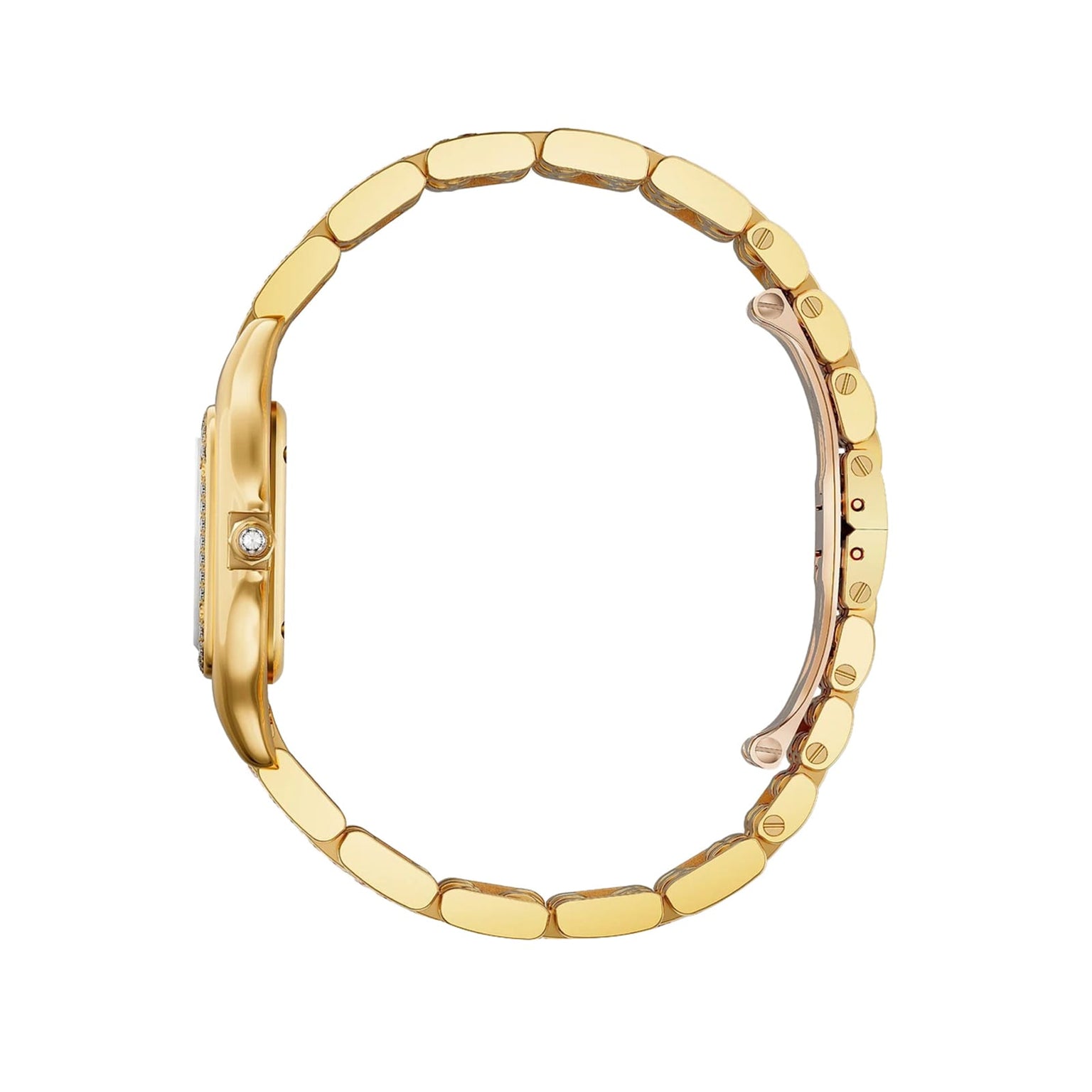 Side view of the Panthère De Cartier Watch by Cartier in 18K yellow gold, showcasing a linked bracelet and a single gemstone set on the case.