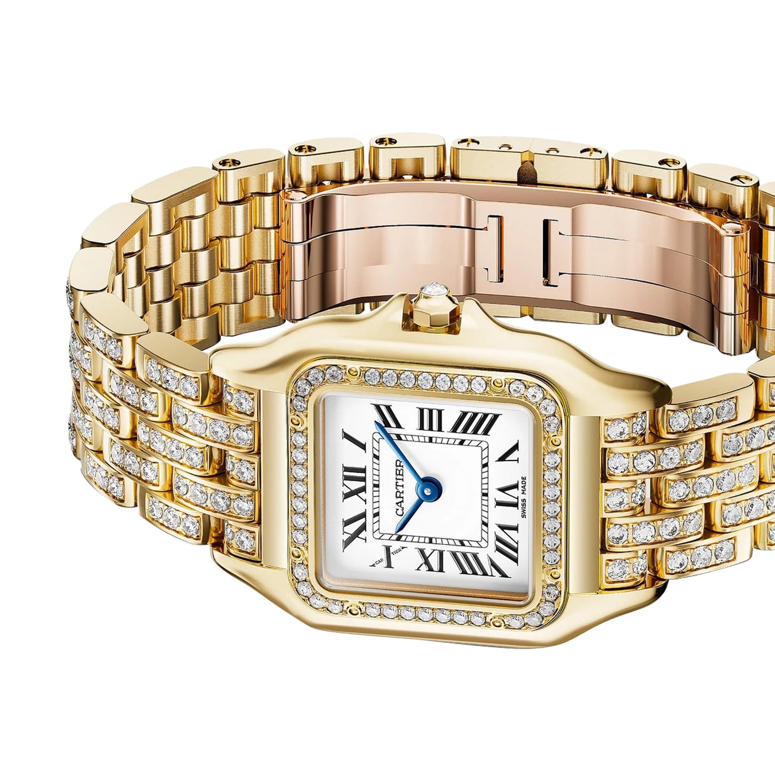 The Panthère De Cartier Watch by Cartier, crafted in 18K yellow gold, boasts a diamond-set bezel and bracelet, Roman numeral dial, and blue steel hands, showcased on a white background.