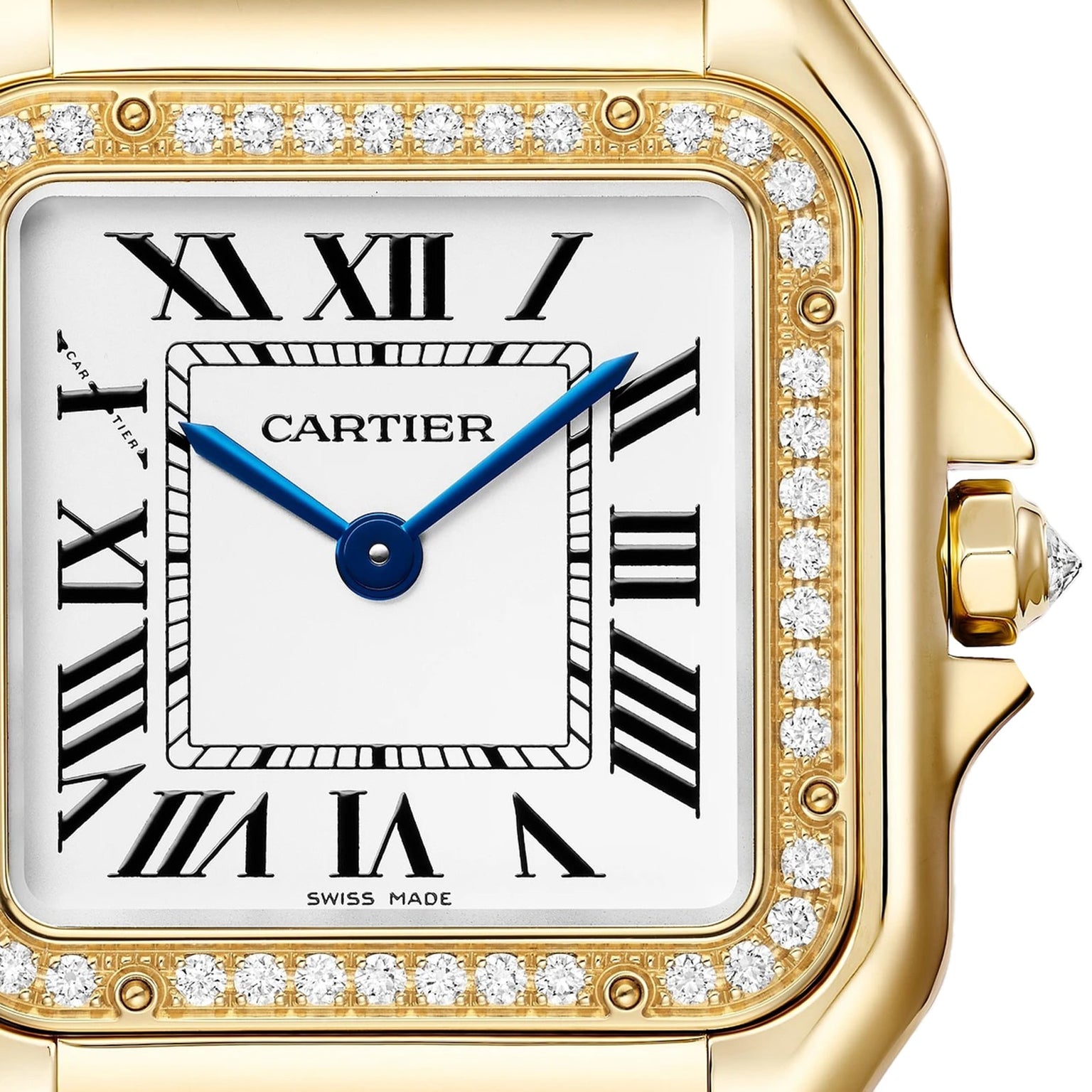 Close-up of the Panthère De Cartier Watch by Cartier, featuring a square diamond-set 18K yellow gold bezel, Roman numeral markers, blue hands, and Cartier inscribed on the dial.