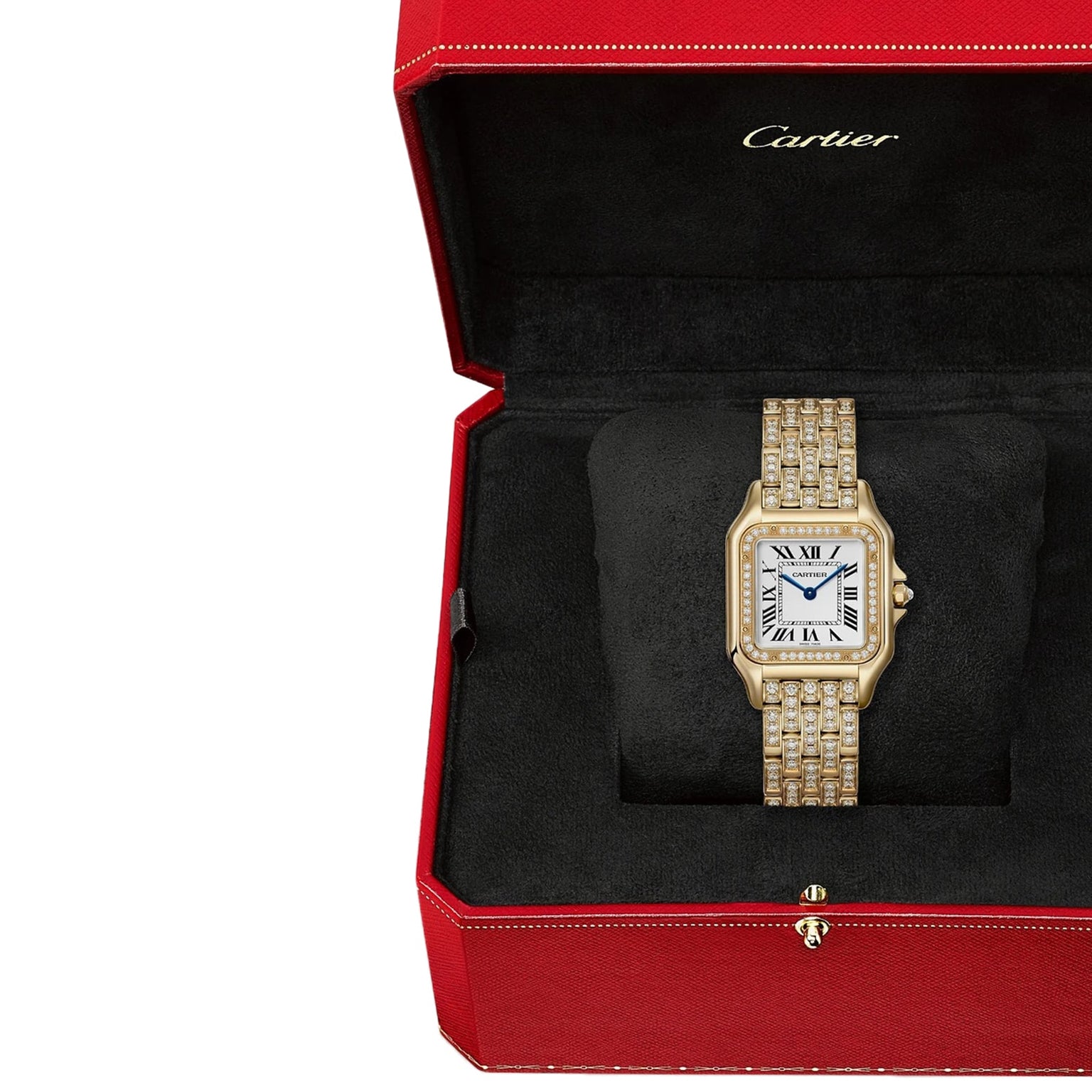 A Cartier Panthère De Cartier Watch in 18K yellow gold, with a diamond-encrusted band, is displayed elegantly in an open red box featuring a black interior.