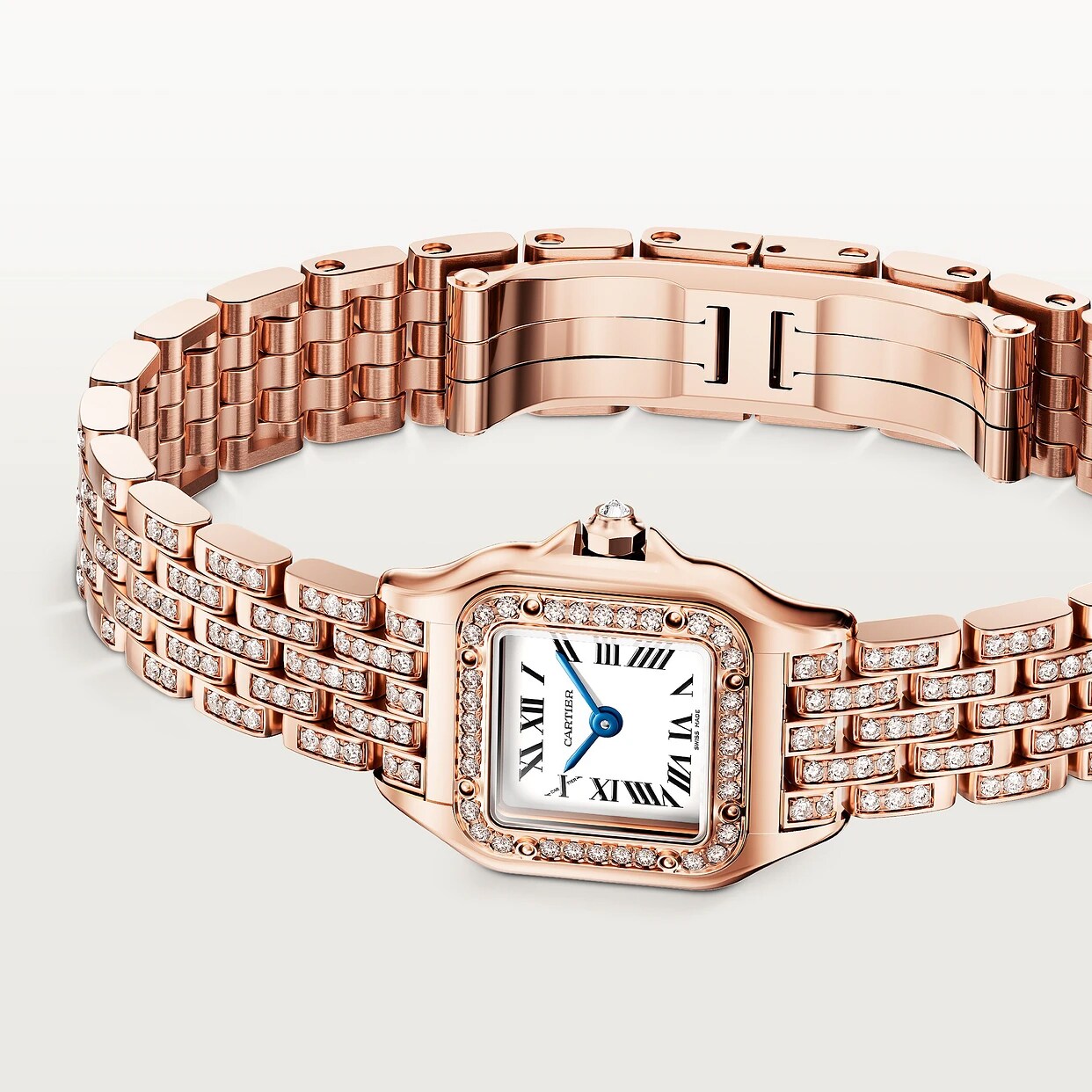 The Panthère De Cartier Watch by Cartier features a rose gold square diamond-studded bezel and Roman numeral dial, showcased on a white background.