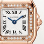 Close-up of the Panthère De Cartier Watch by Cartier, featuring a diamond bezel, Roman numerals, blue hands, and a rose gold case.