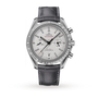 OMEGA Speedmaster Dark Side of the Moon Grey Side Edition with white dial, black leather strap, three subdials, Co-Axial calibre 9300 movement, tachymeter bezel, and date display at 6 o’clock.
