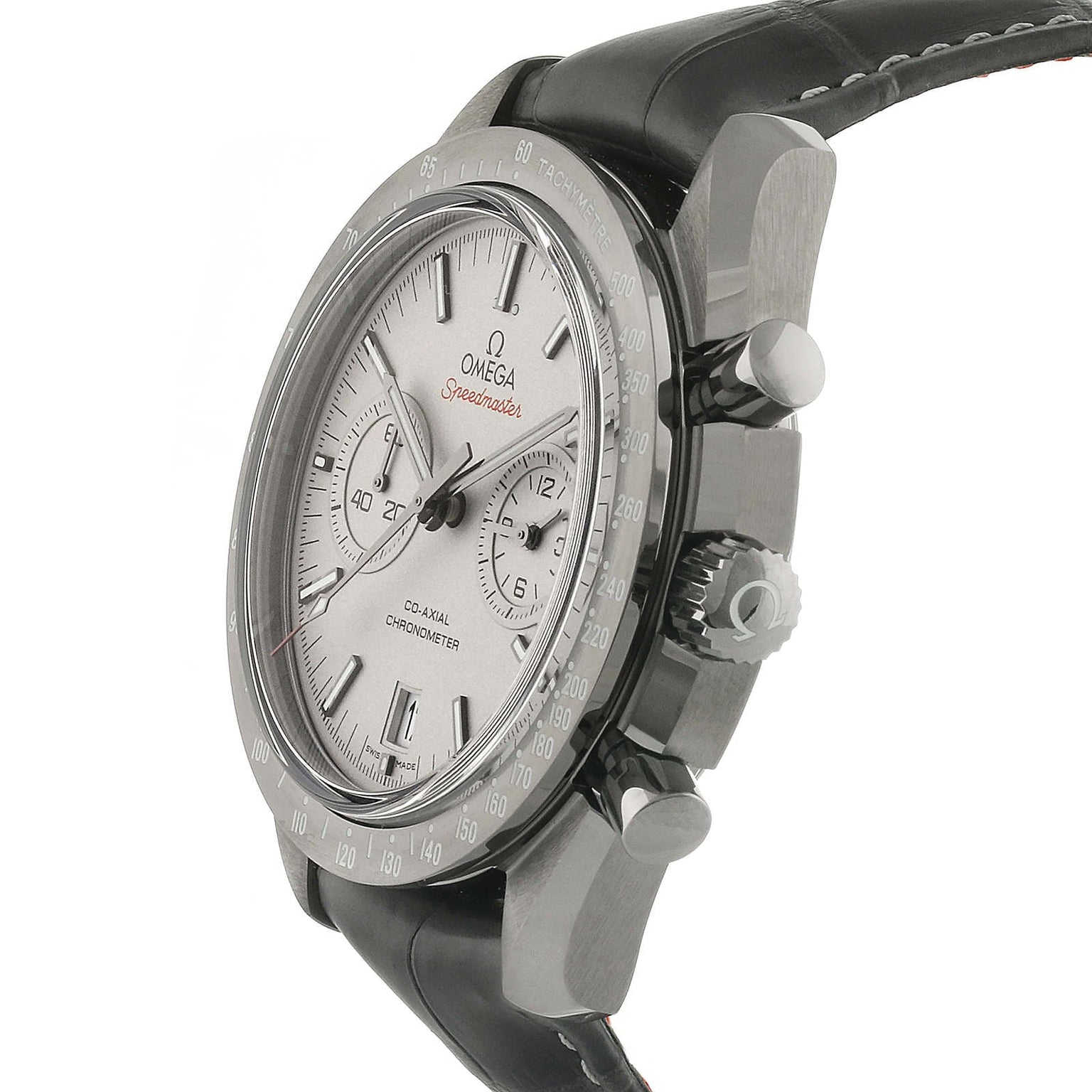 Side view of the OMEGA Speedmaster Dark Side of the Moon Grey Side Edition, featuring a silver dial with three subdials, tachymeter bezel, black leather strap, and powered by the Co-Axial calibre 9300.