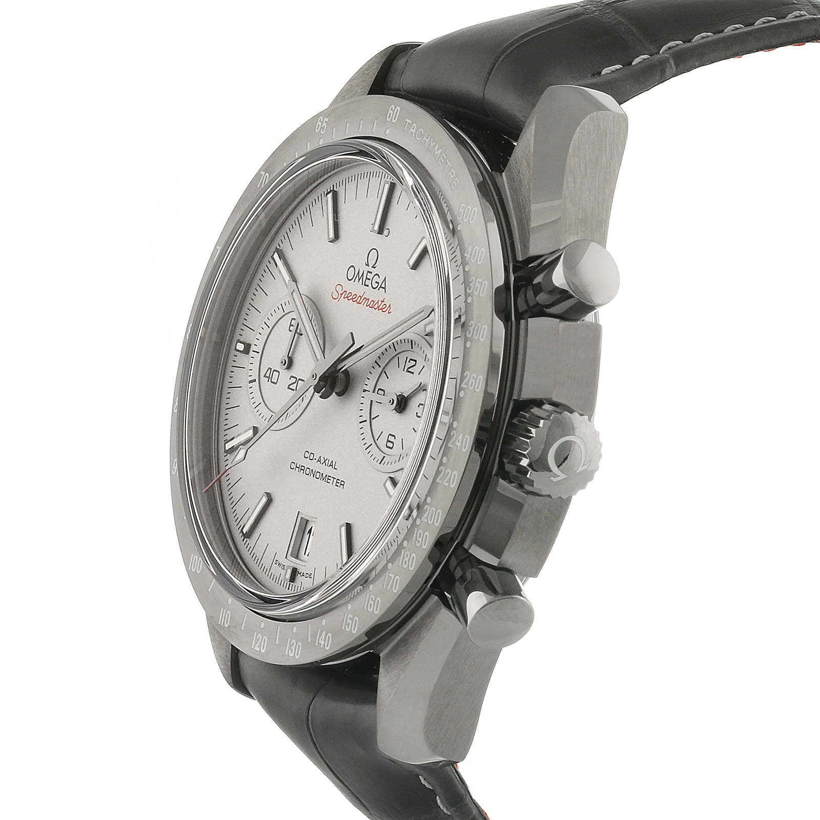 Side view of the OMEGA Speedmaster Dark Side of the Moon Grey Side Edition, featuring a silver dial with three subdials, tachymeter bezel, black leather strap, and powered by the Co-Axial calibre 9300.