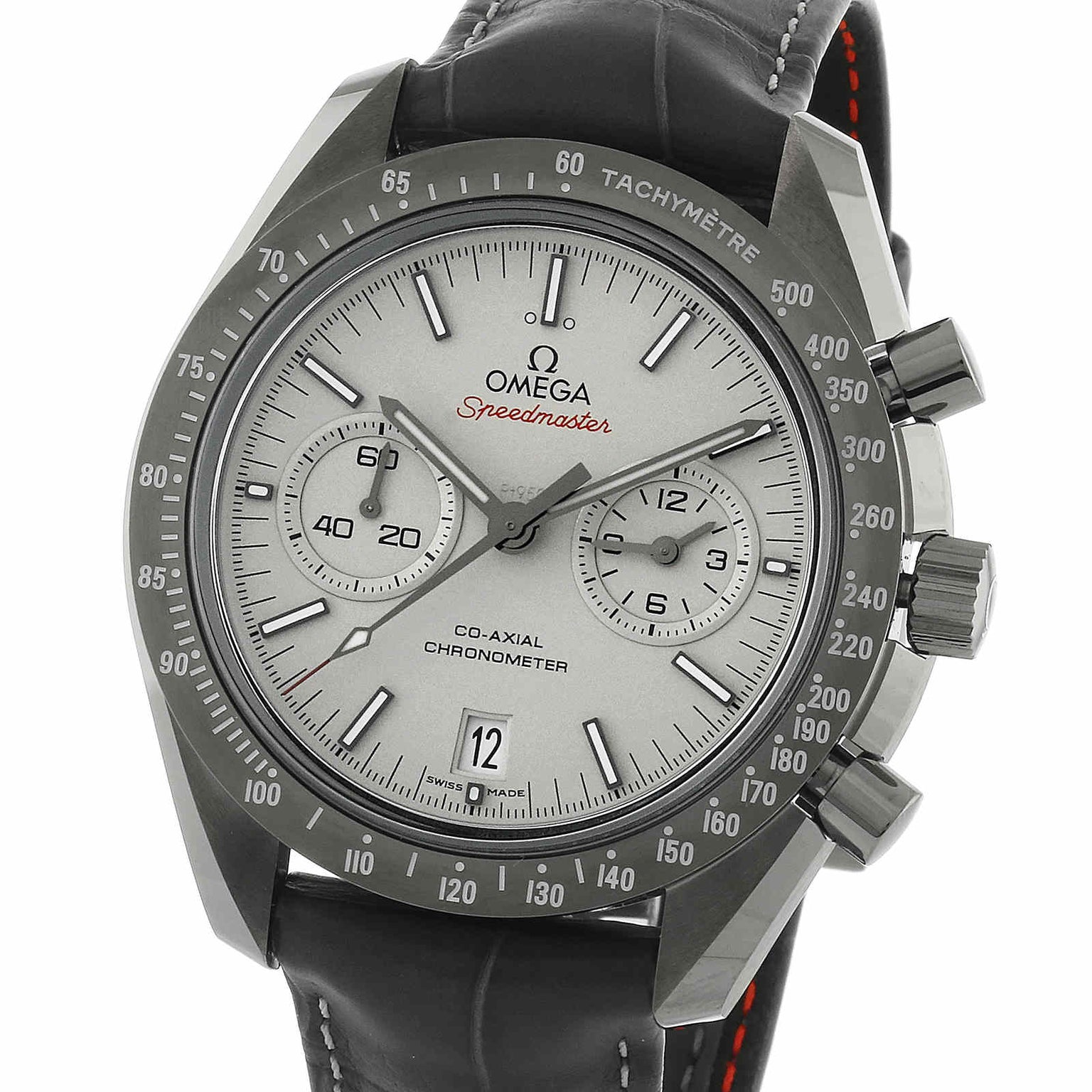 The OMEGA Speedmaster Dark Side of the Moon Grey Side Edition features a grey dial, Co-Axial calibre 9300 movement, black leather strap, chronograph subdials, tachymeter scale, and a date display at 6 o’clock.