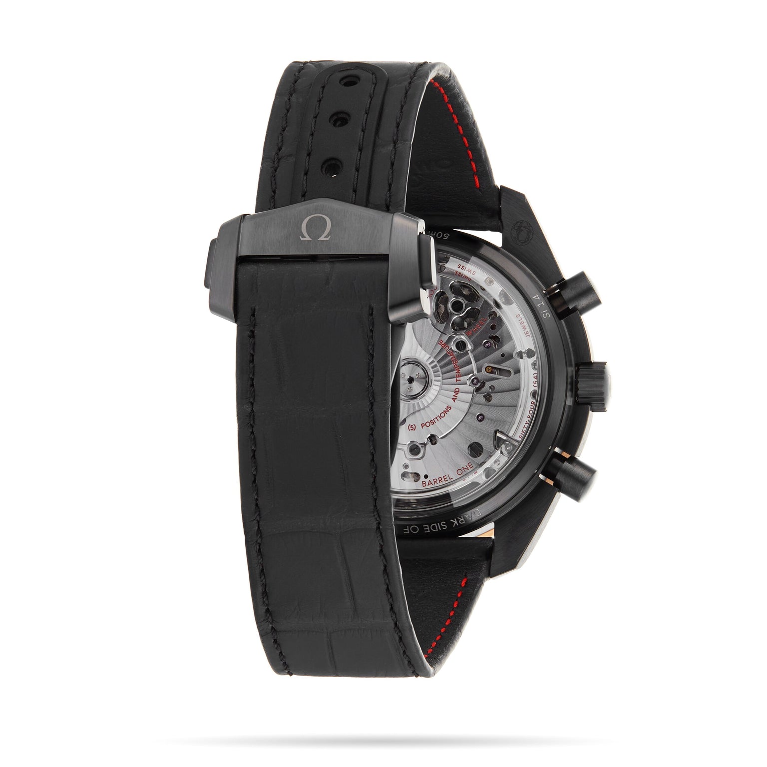 The OMEGA Speedmaster Dark Side Of The Moon Sedna Black is a black wristwatch with a visible mechanical movement on the back, black ceramic case, and a black leather strap with red stitching.