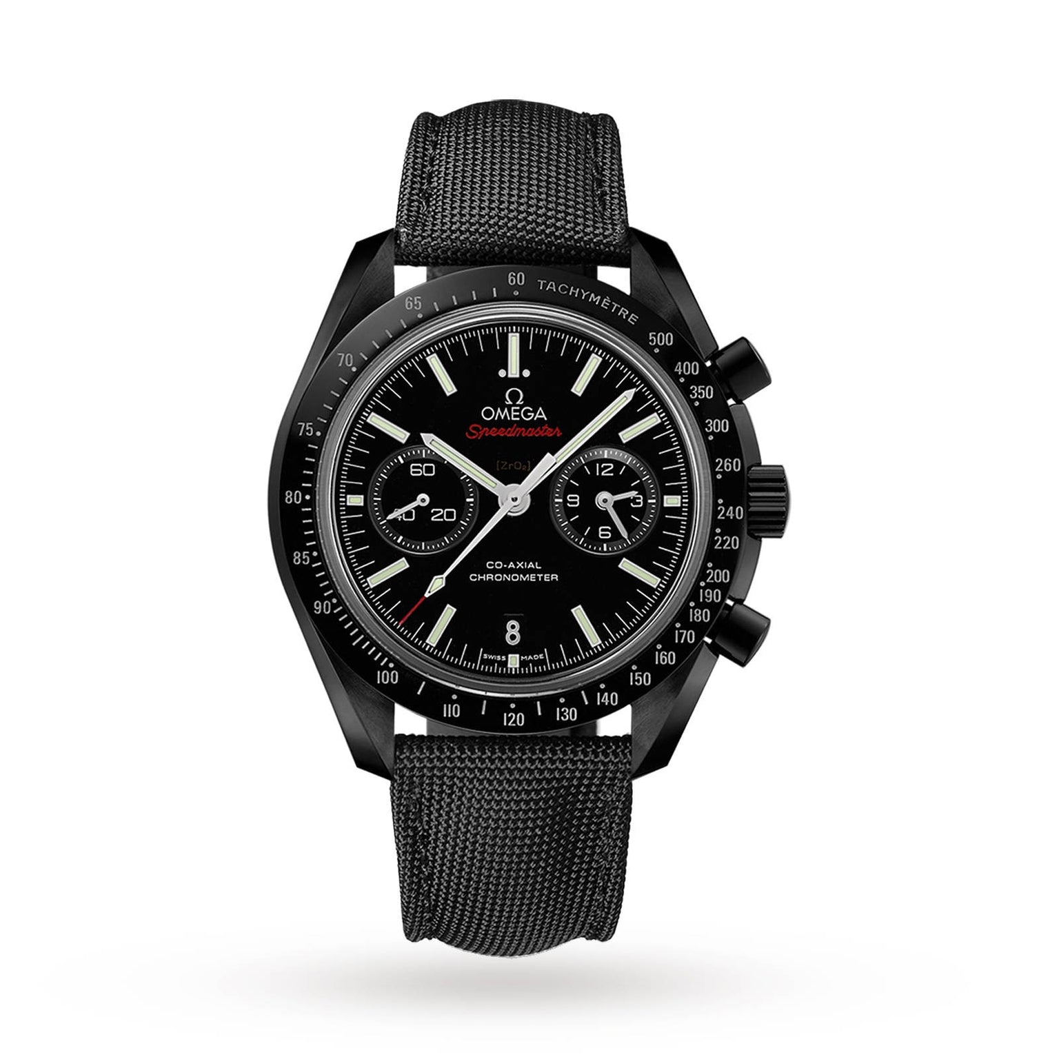 The OMEGA Speedmaster Dark Side of The Moon Ceramic features a black ceramic bezel, black fabric strap, white markers, three subdials, and a tachymeter, celebrating its Lunar Legacy against a crisp white background.