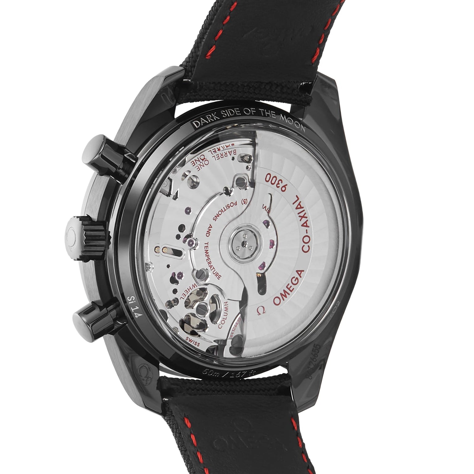Close-up of the OMEGA Speedmaster Dark Side of The Moon Ceramic’s back, featuring its exposed Co-Axial 9300 movement and a black leather strap with red stitching—a tribute to lunar legacy.