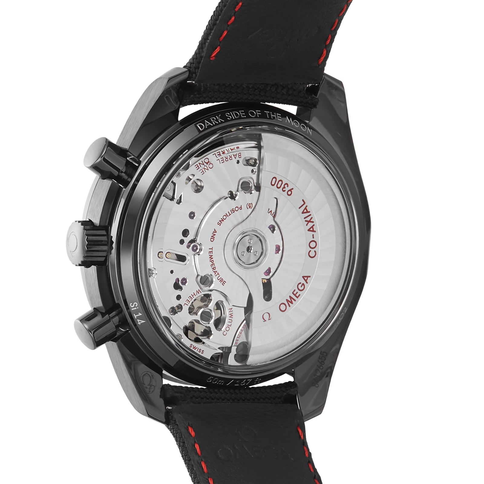 Close-up of the OMEGA Speedmaster Dark Side of The Moon Ceramic’s back, featuring its exposed Co-Axial 9300 movement and a black leather strap with red stitching—a tribute to lunar legacy.