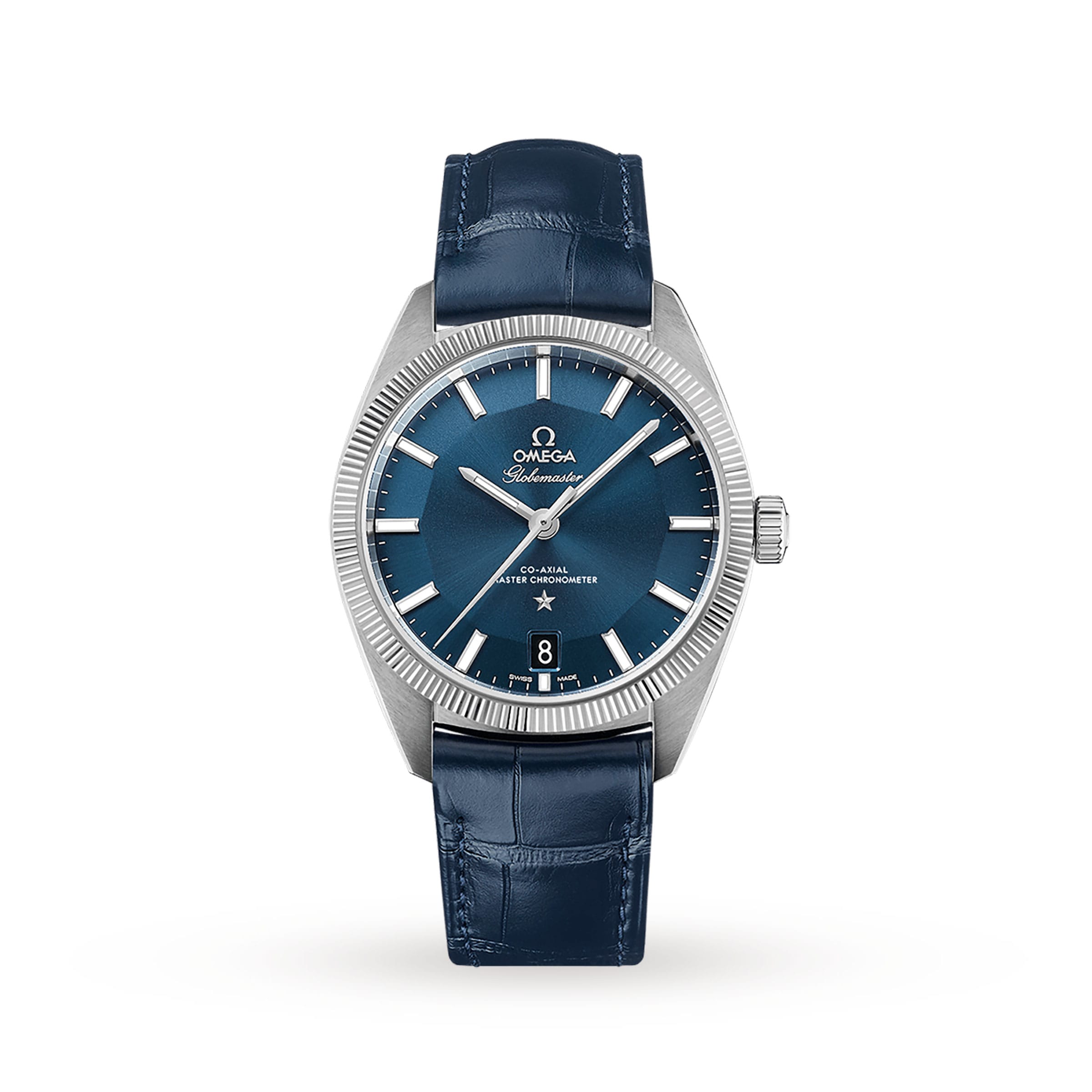 A silver OMEGA Constellation Globemaster watch with a leather strap and date window at 6 o’clock is displayed on a white background.