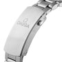 Close-up of a stainless steel OMEGA Seamaster Planet Ocean 600M bracelet clasp, engraved with the OMEGA logo and name.