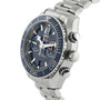 The OMEGA Seamaster Planet Ocean 600M wristwatch features a stainless steel case, black bezel, metal bracelet, three subdials, and chronograph buttons—viewed from the side to highlight its Seamaster legacy and advanced Master Chronometer movement.