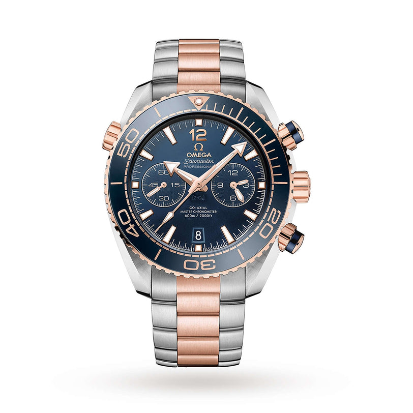The OMEGA Seamaster Planet Ocean 600M combines stainless steel and rose gold with a blue dial, three subdials, and a 6 o’clock date window—embodying Seamaster heritage in timeless, precise design.