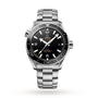 The OMEGA Seamaster Planet Ocean 600M dive watch features a stainless steel case, black dial, silver hour markers, date window, rotating bezel, and is displayed on a matching metal bracelet against a white background.