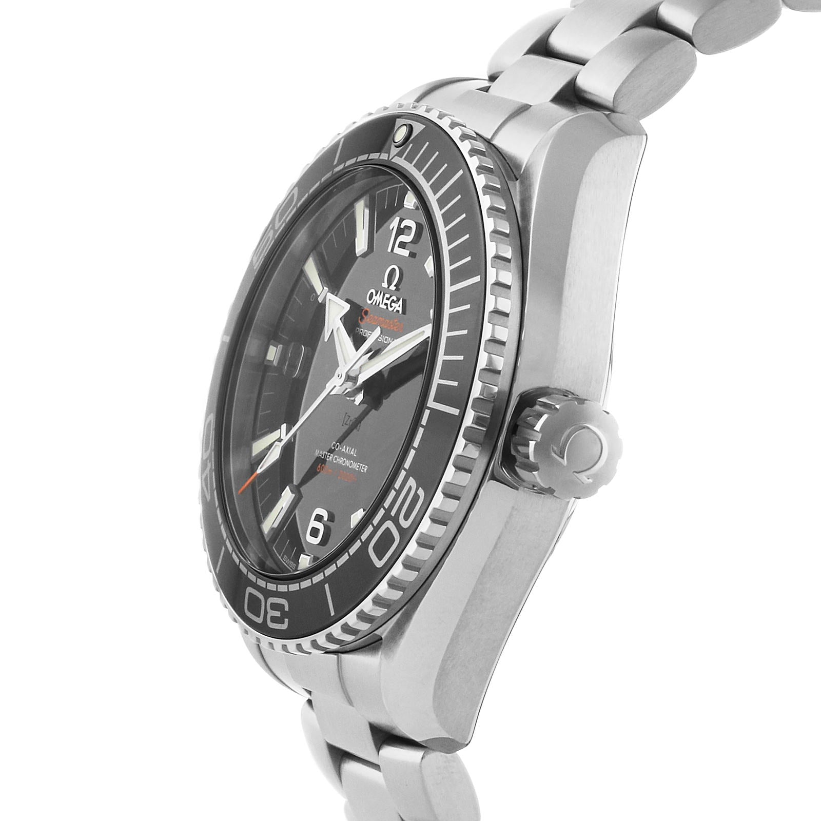 The OMEGA Seamaster Planet Ocean 600M dive watch in stainless steel features a black dial, rotating bezel, and metal bracelet, shown at an angle highlighting the side view and crown.