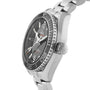 The OMEGA Seamaster Planet Ocean 600M dive watch in stainless steel features a black dial, rotating bezel, and metal bracelet, shown at an angle highlighting the side view and crown.